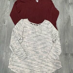 Burgundy and Gray Long Sleeve Tops